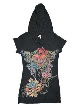 Vintage Y2K Bling Bling Hooded Shirt in Black